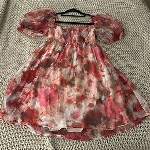 Worn once. Lulus Pink Multi Foral Babydoll Mini Dress size Small